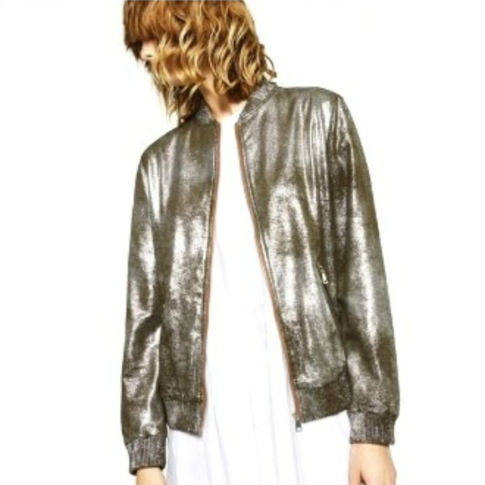 NWT Zara Olive Green Silver Shiny Glitter Bomber Jacket. M